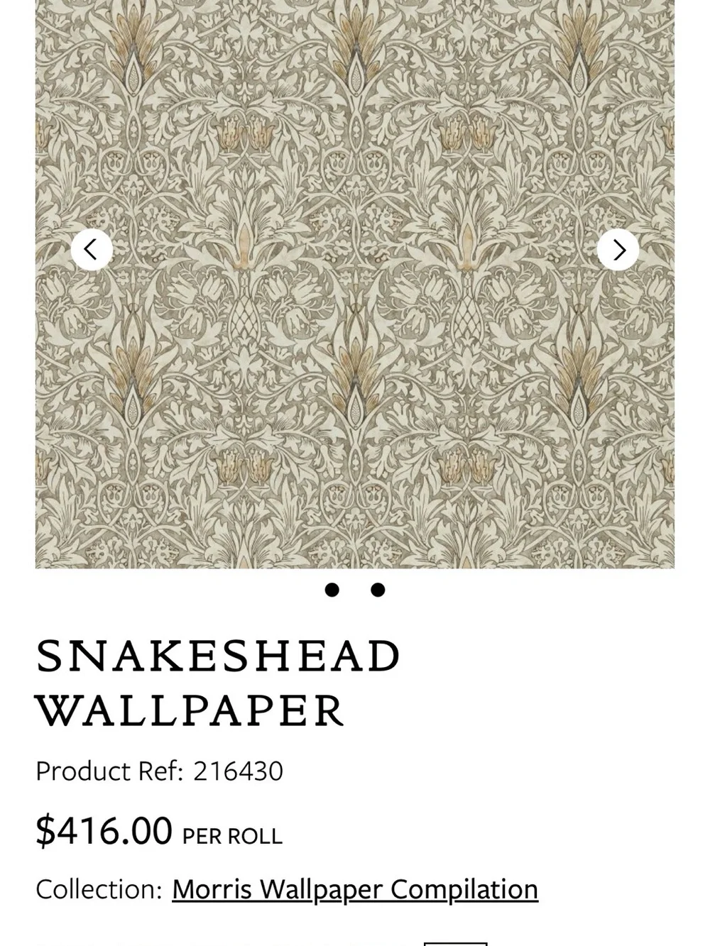 Morris & Co authentic (2) rolls new wallpaper Snakehead Stone/Cream Retail $416